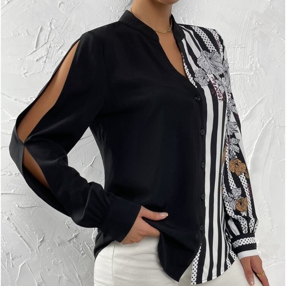 Elegant Striped Floral Print Long Sleeve Button Down Shirt Top Blouse White - Picture 15 of 16